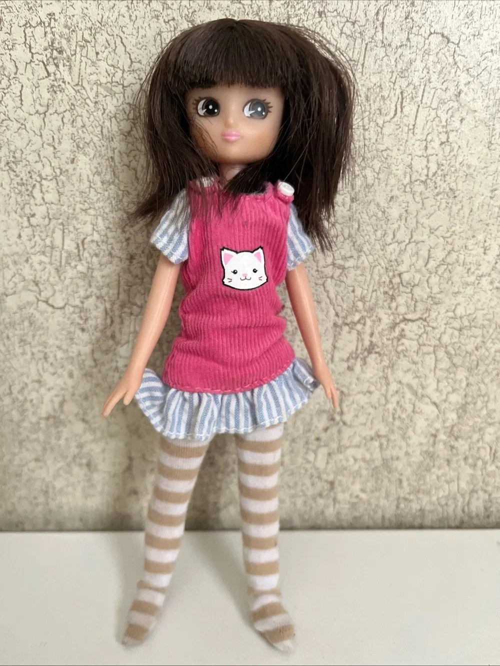 Lottie Doll Tori Dark Brown hair Pink Corduroy Dress Pandoras Box 7”